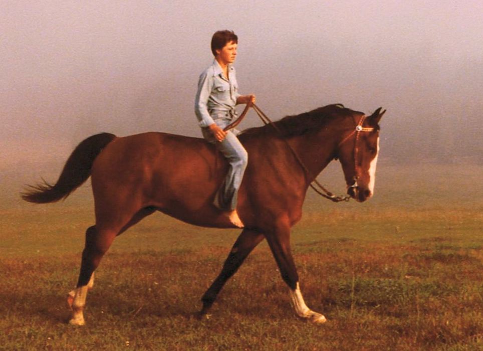 Jean Abernethy riding a horse in a field